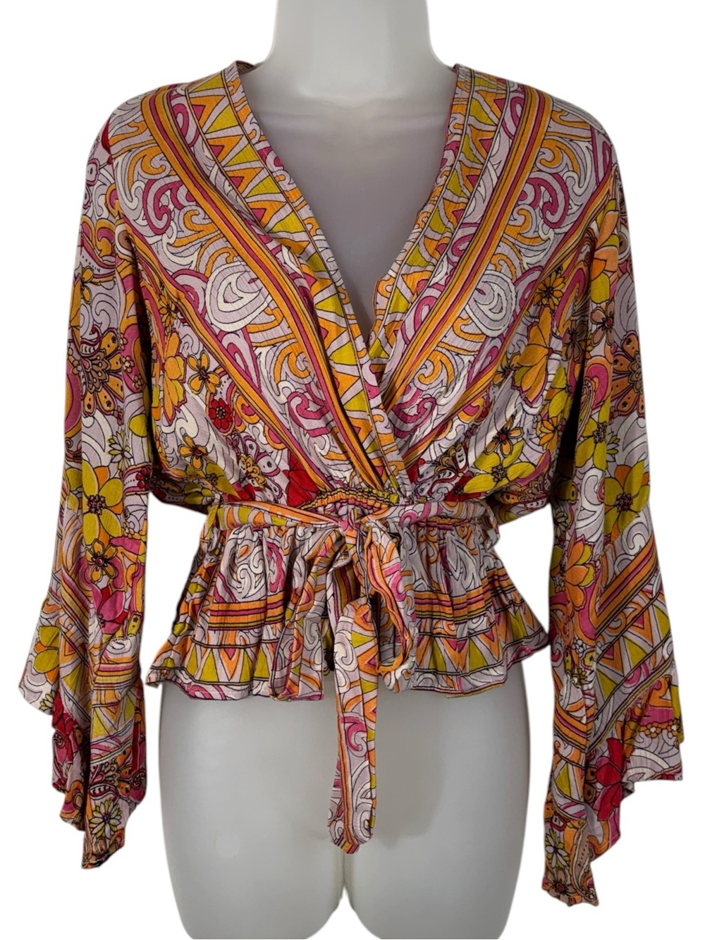 Angie Pink Orange Wrap Belt Bell Sleeve Blouse Ruffle Bohemian Disco 70s Funky S